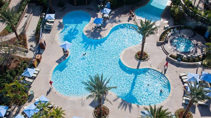 Aerial view of the Mickey Mouse-shaped swimming pool at Disneyland Hotel, Anaheim