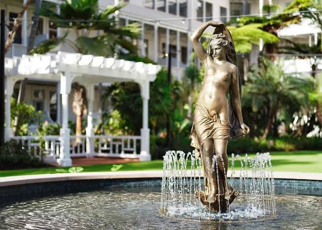 The restored Venus (Naiad Queen) bronze fountain statue in the garden courtyard at Hotel del Coronado