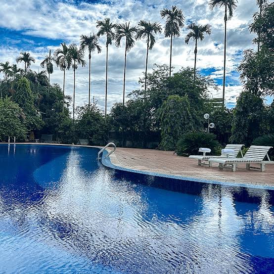 Outdoor swimming pool lined with palm trees at Seagull Resort and Spa Village, Tangail