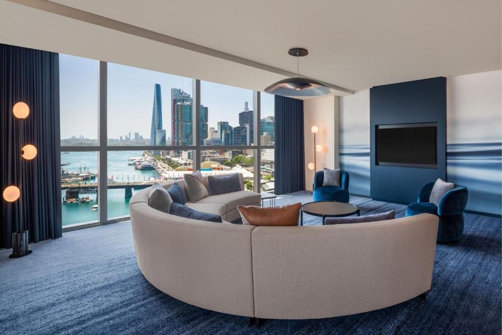 W Sydney suite living room with Darling Harbour view